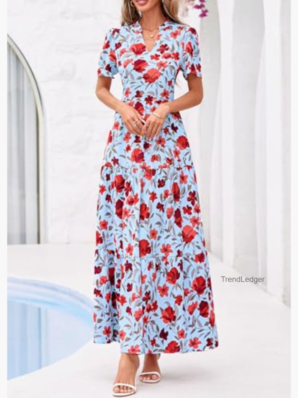 Floral Maxi Dress V Neck Short Sleeve A Line Flowy Boho Long Dress with Pockets - Picture 7 of 7